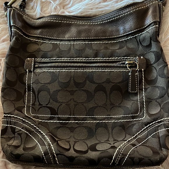 Brown Coach material bag 10”x10” with heavy brass colored hardware - Picture 2 of 7